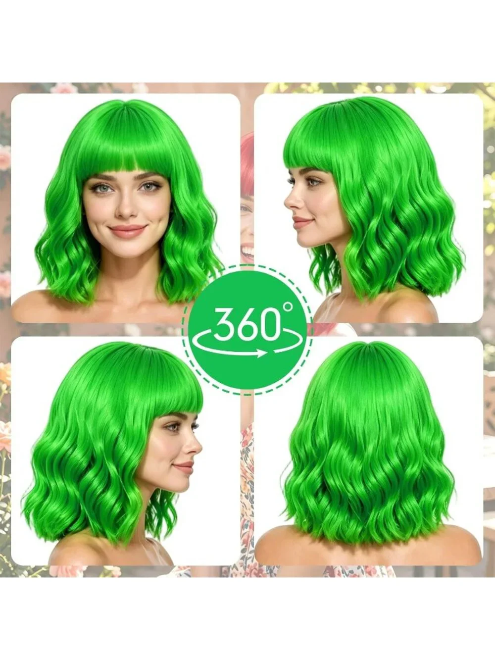 Women's Grass Green Curly Bob Synthetic Wigs Bangs With Neon Heart Sunglasses
